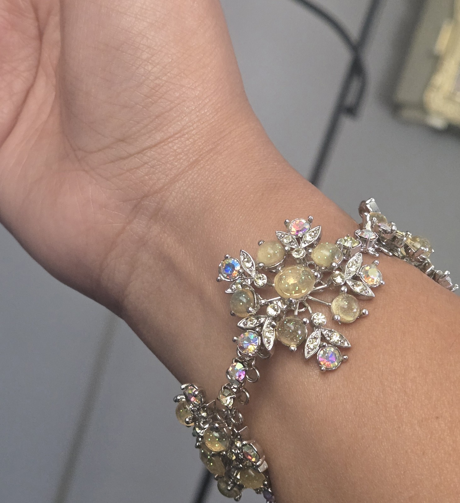 Vintage Tiara Misu Floral Cluster Link Bracelet Silver Tone AB Rhinestones