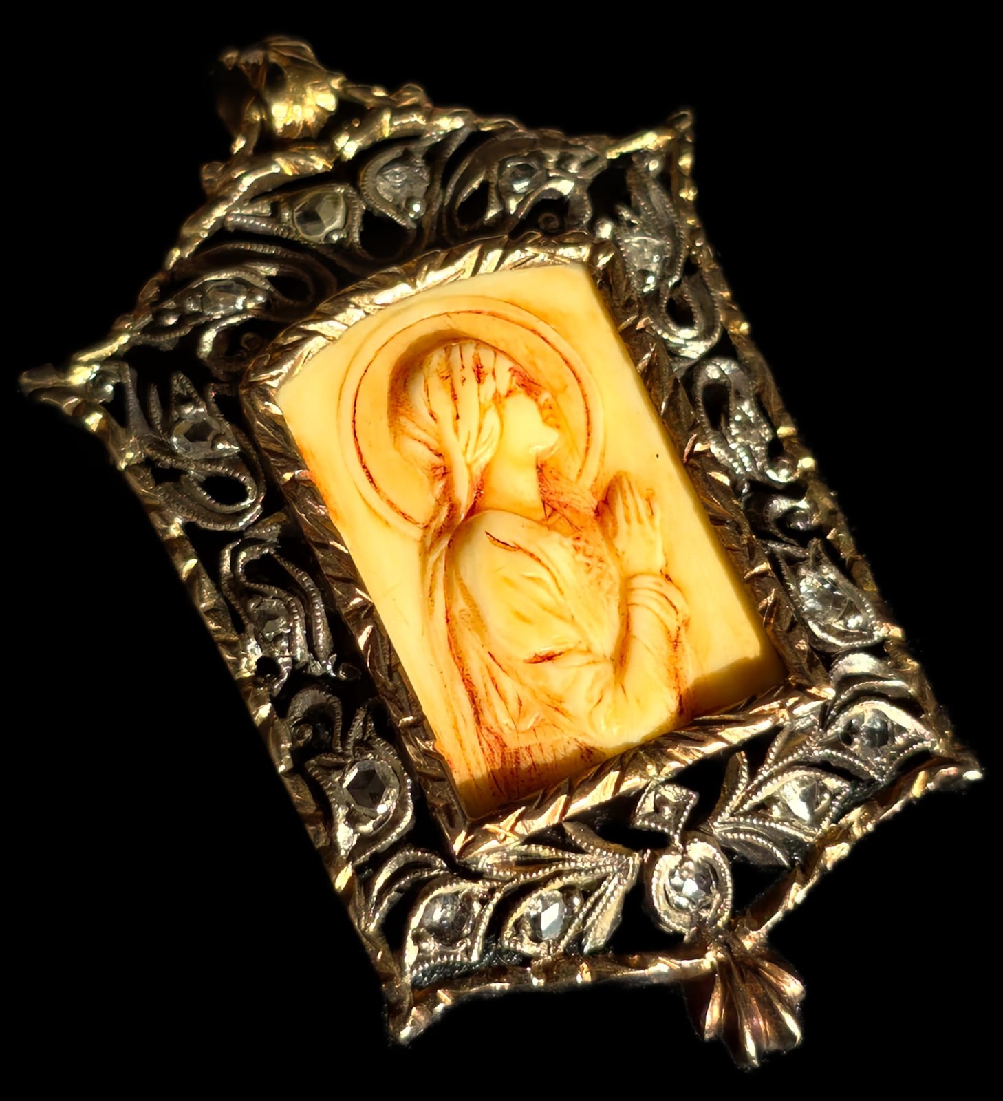 Fine Antique Art Nouveau 18K Gold Silver Diamonds Virgin Mary Pendant Ca 1900