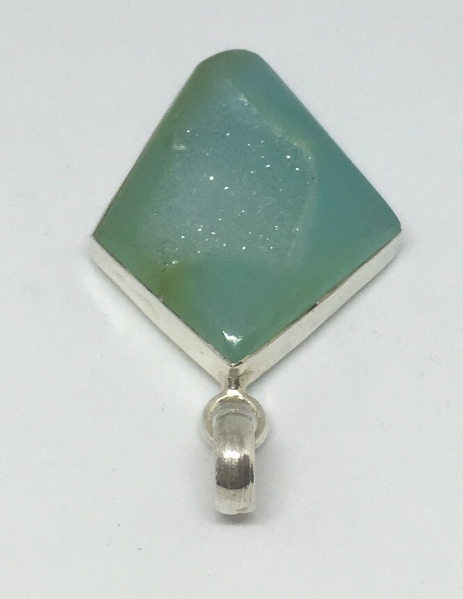 Natural Green Geode Pendant Polished Edges w/ Crystals in Sterling 15.9 grams