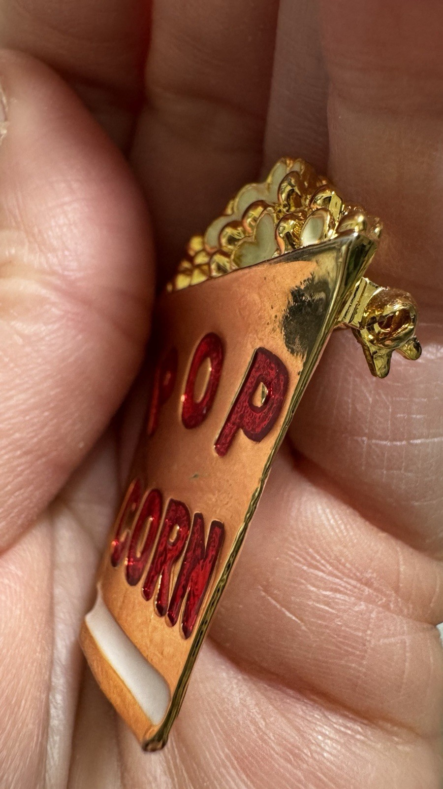 Gold Tone Popcorn Box Brooch White, Red Enamel Letters Movie Night