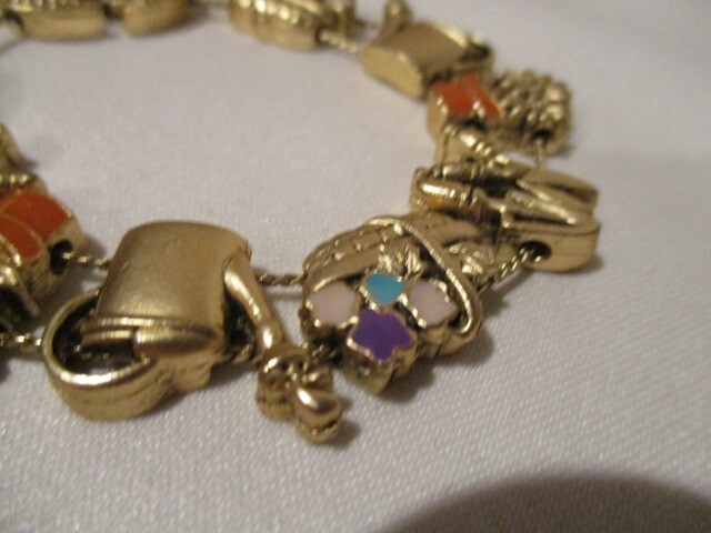 Vintage Brass & Enamel Gardening Slide Bracelet 7 1/4″ L x 3/4″ W