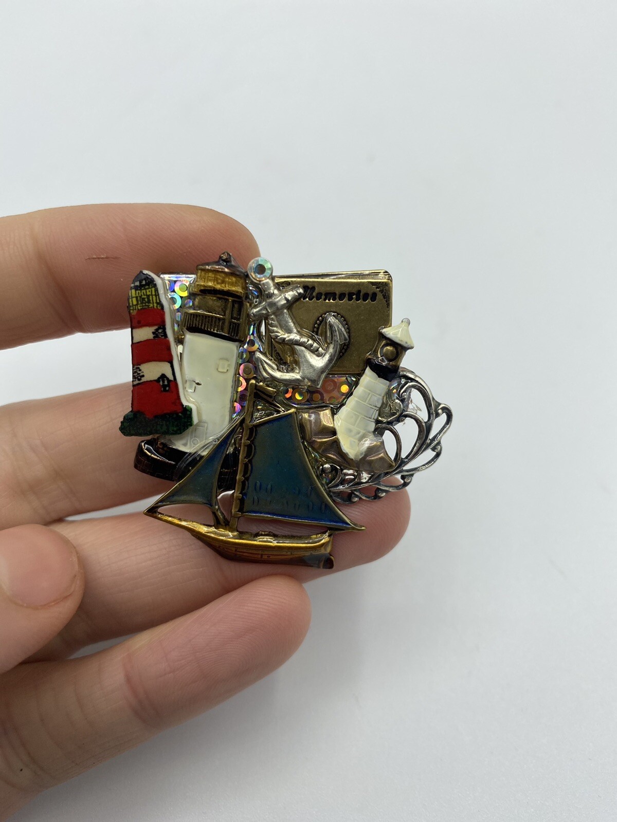 OCEAN SCENE Multicolor Nautical Pin/Brooch Vintage Boat Ship Lighthouse Anchor
