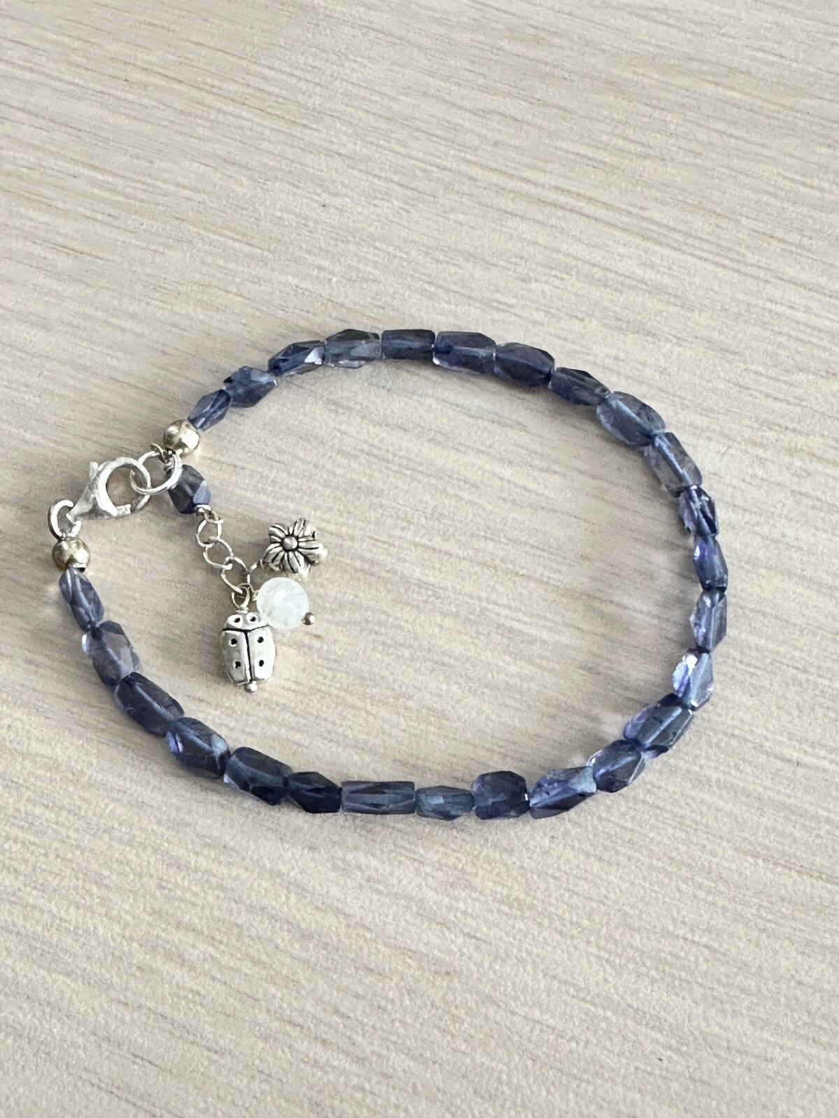 Sterling Silver Blue Iolite Beaded Bracelet 7 inch + 1 inch extender .925
