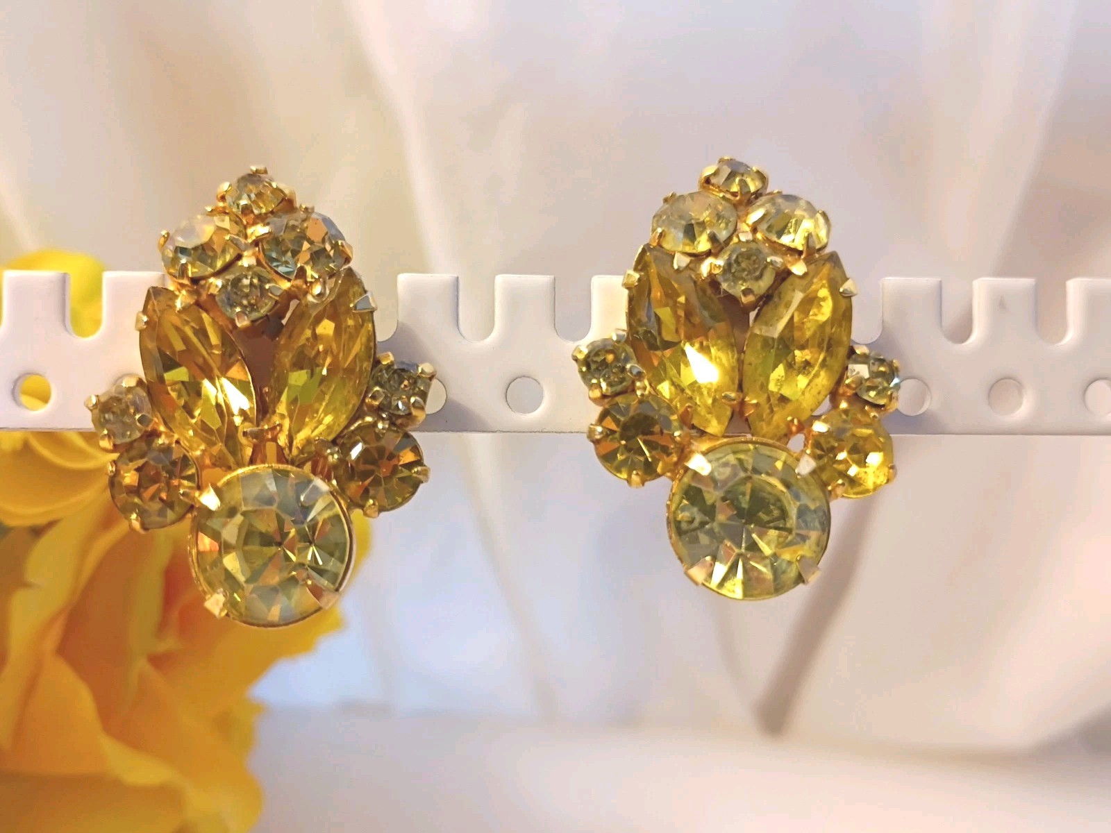 La Roco Rhinestone Vintage Clip Earrings Yellow w Gold Filled Metal