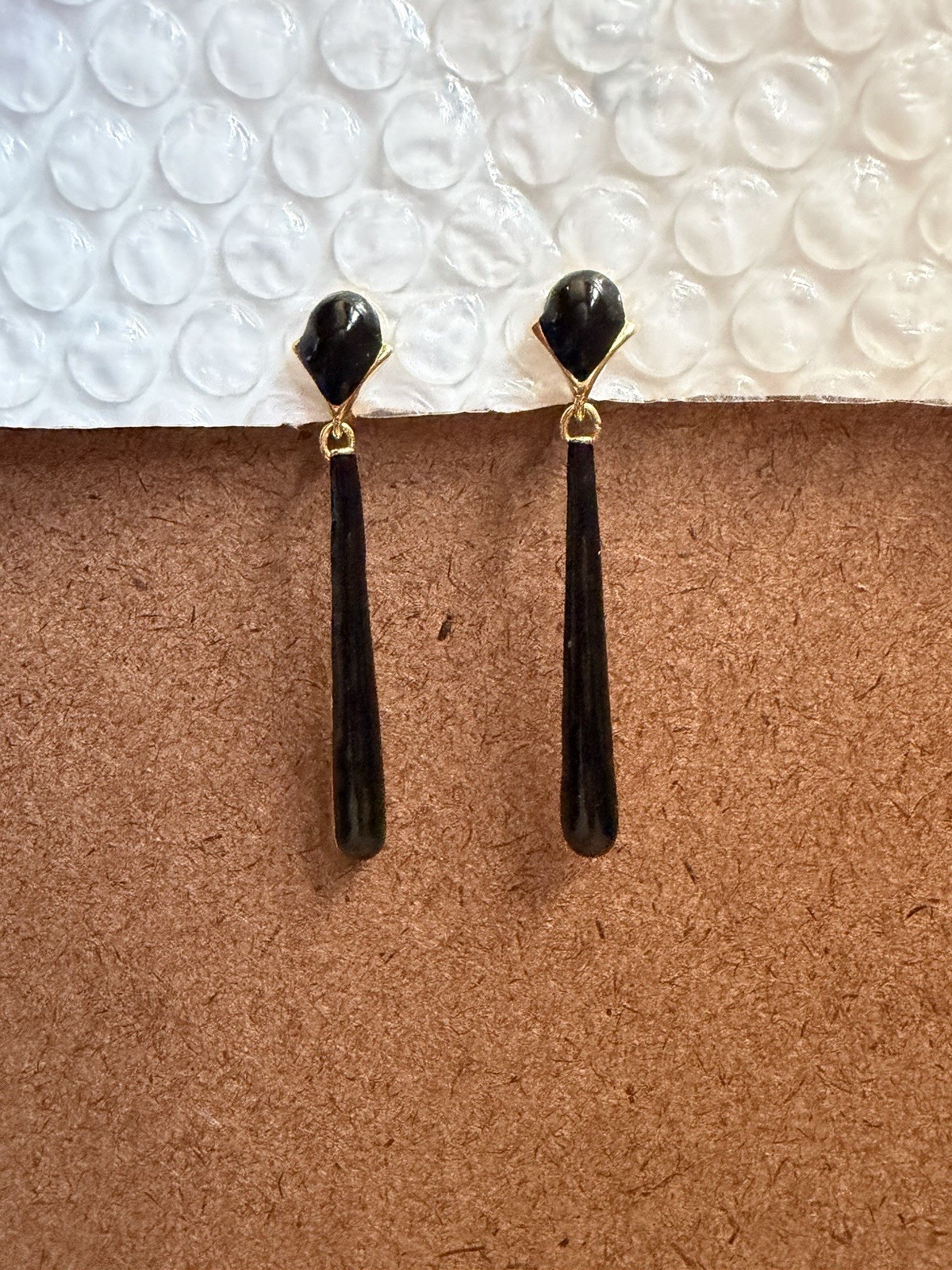 Vintage 1990s Monet Black Enamel & Gold Toned Clip On Drop Earrings