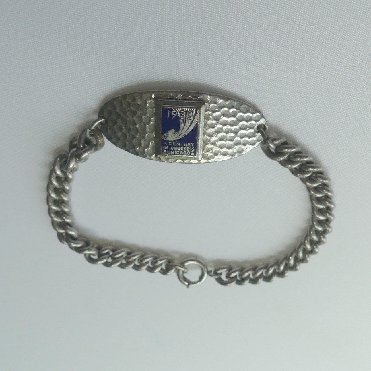 Vintage 1933 Chicago Worlds Fair Century of Progress Bracelet Enamel Hammered ID