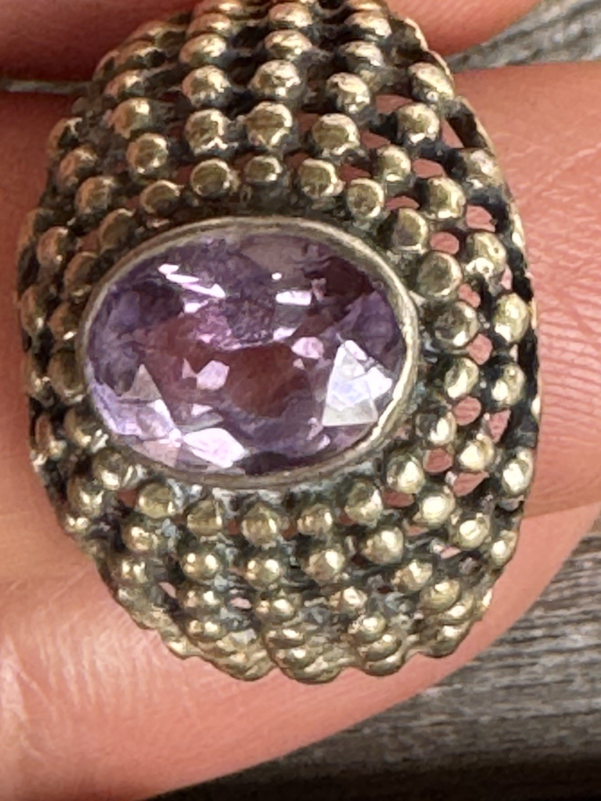 VINTAGE DECO AMETHYST STERLING Gold Over STERLING SILVER RING Sz 7.5 Signed NF