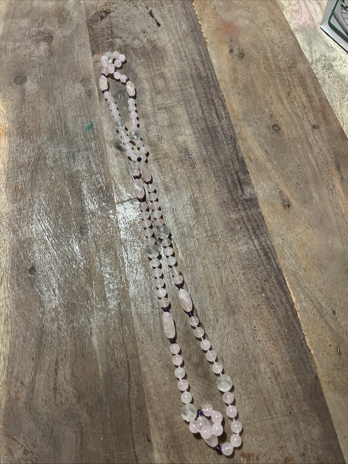 Vtg. Pink Rose Quartz Hand Knotted Bead Necklace 36”