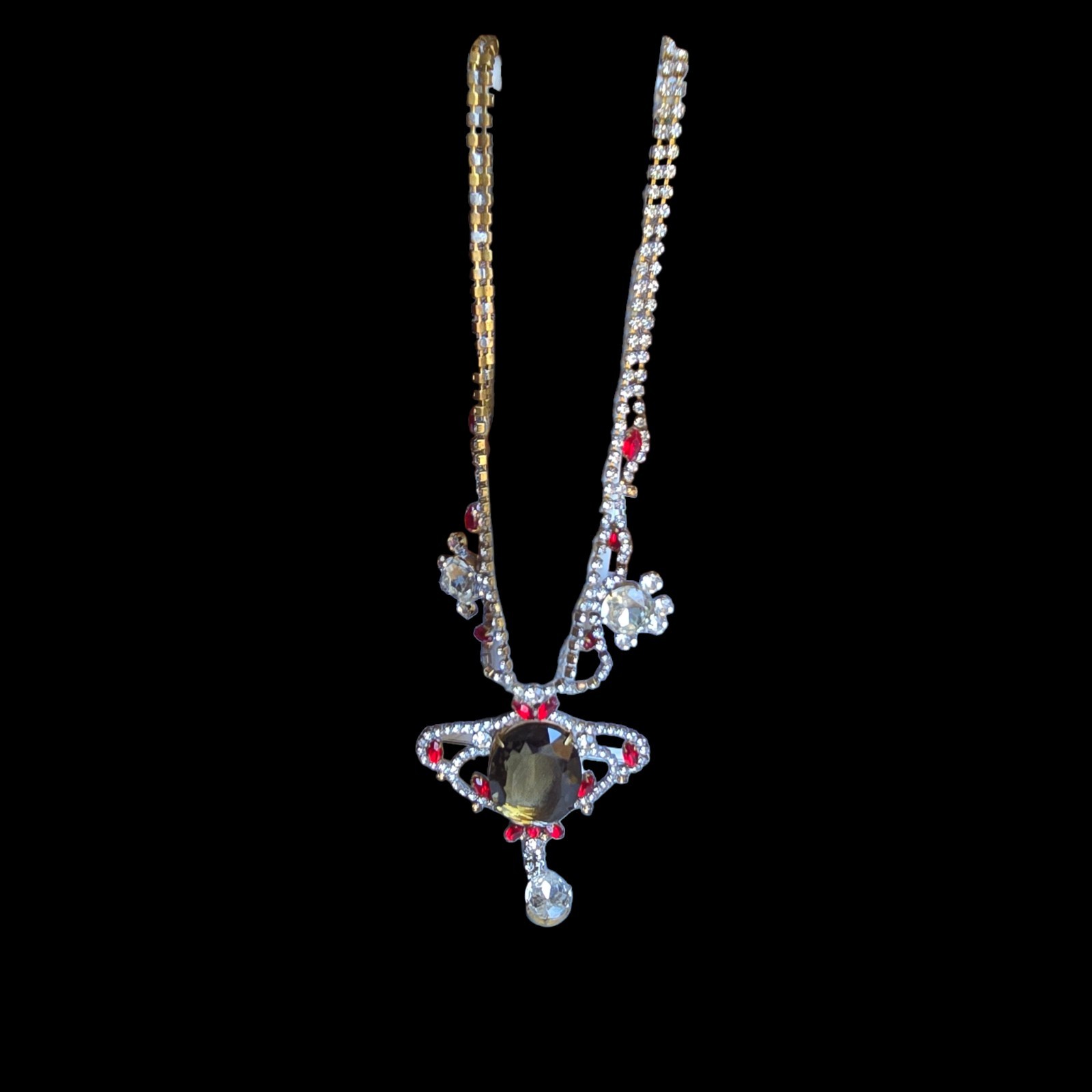 Vtg Signed Husar D Czech Glass Festoon Necklace Green Center Red Accent Stones