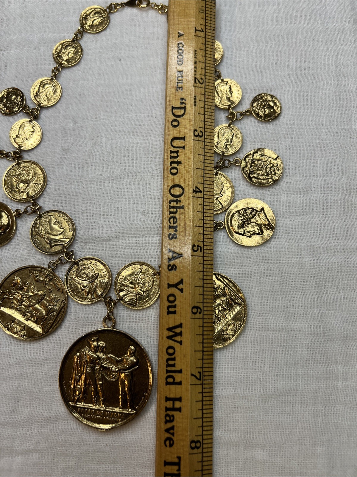 VTG Crown Trifari Roman Coin Bib Collar Necklace 15” Gold Tone Runway 1978-85