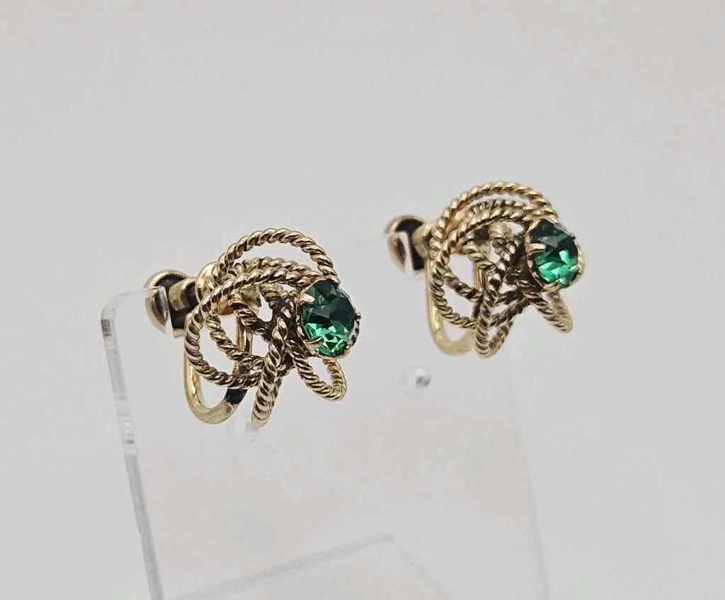 Henry Griffith 12k Gold Filled Antique Green Rhinestone Knot Screw Back Earrings