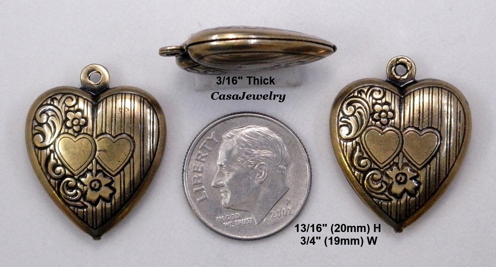 #0457 ANTIQUED GOLD 2-SIDED PUFF HEART W/TOP HANG RING – 2 Pc Lot