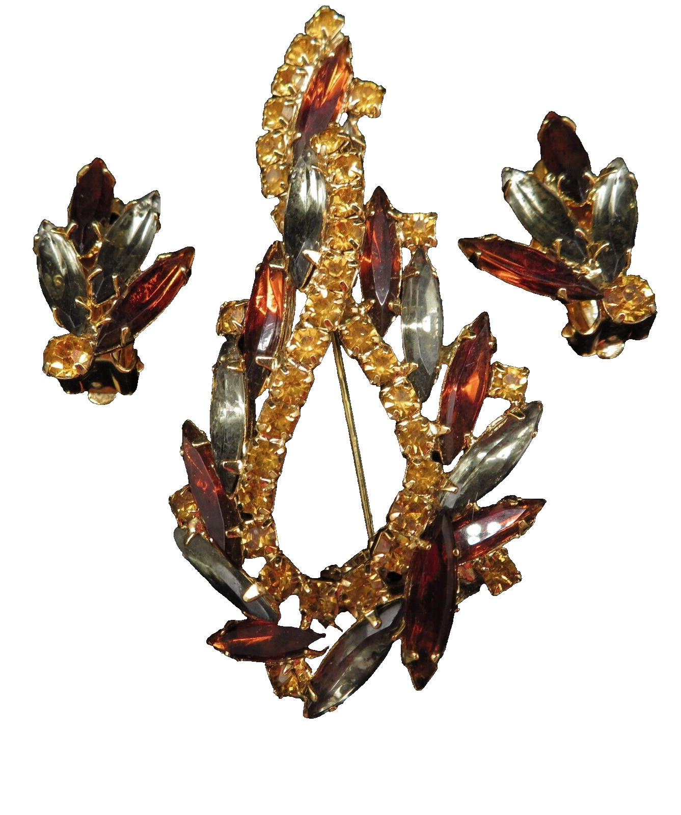 1950s fall colors Navette Rhinestone Brooch & Clip on Earrings Set Gold tone VTG
