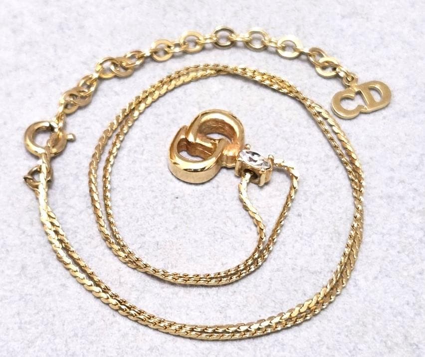 Christian Dior CD Logo Rhinestone Gold Necklace 45cm Vintage