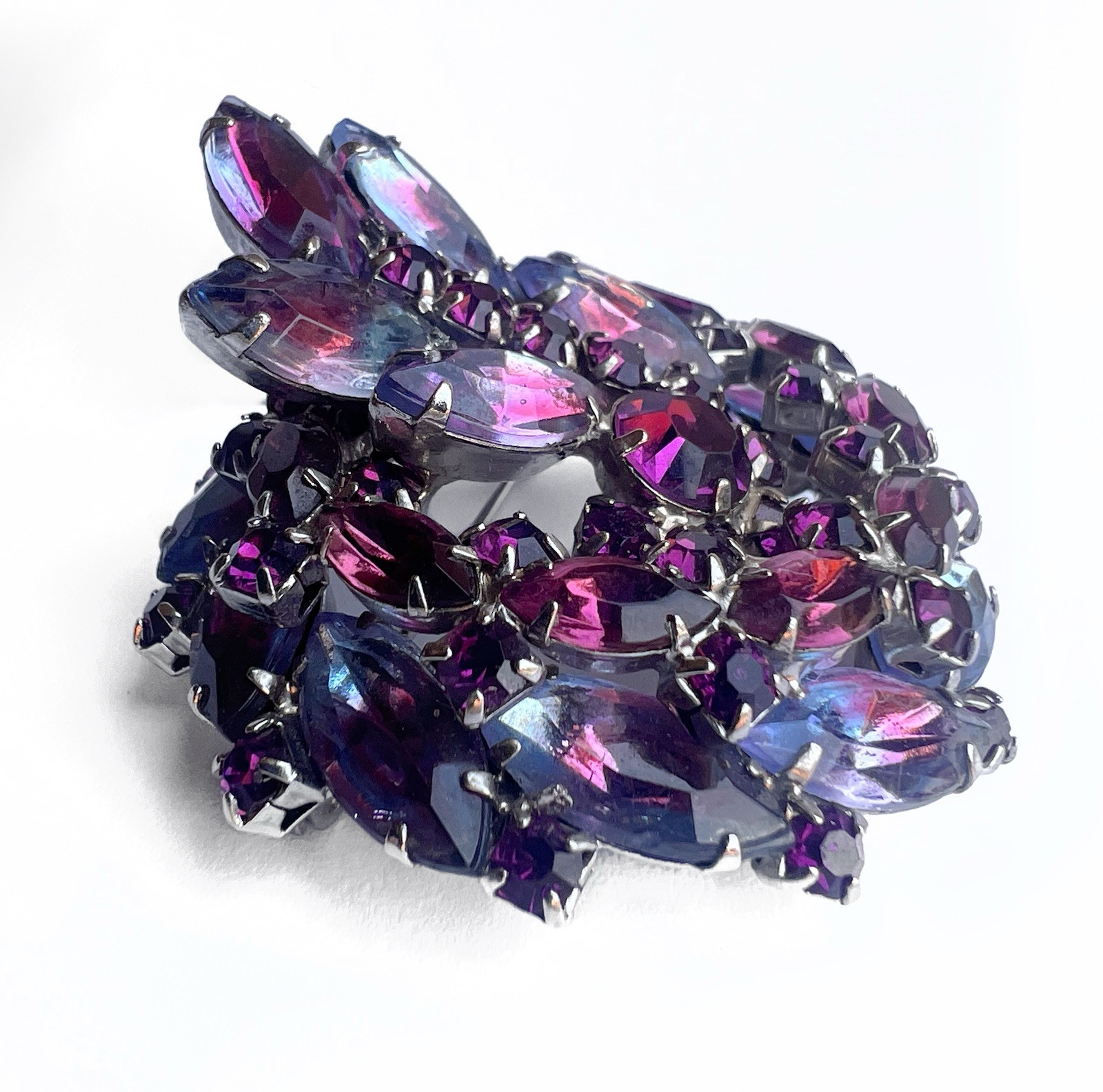 Vintage Dome Purple Violet Blue Givre Rhinestone Brooch Earrings Demi Parure Set