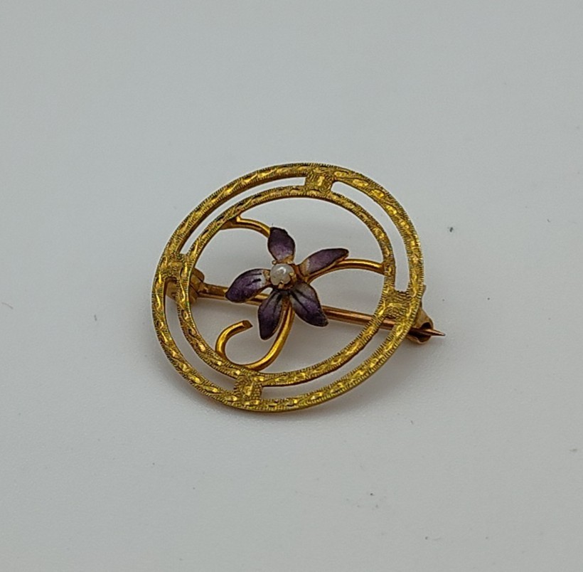 Vintage 10K Yellow Gold Circle Blue Flower Purple Violet Pearl Brooch Pin Lapel