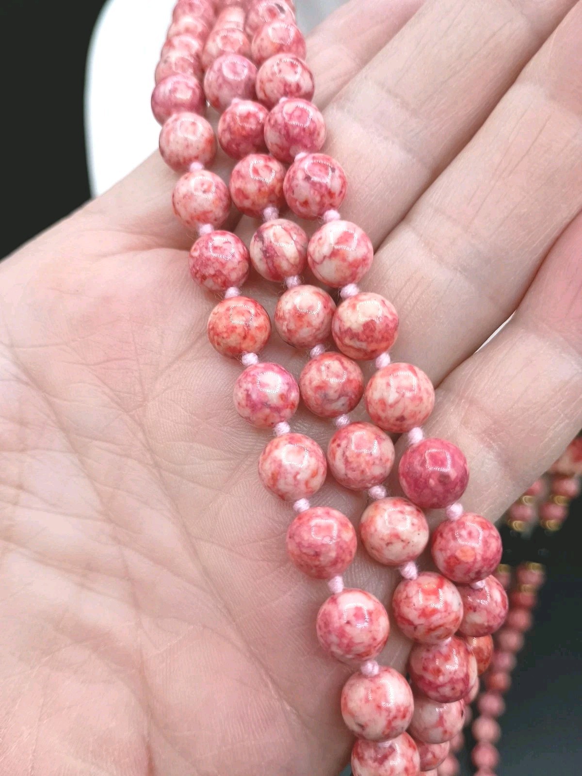 Vintage Pink Stone Necklace Beaded Multi Strand Side Pendant Hook Clasp