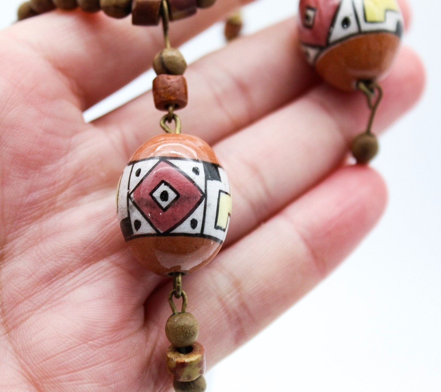 Vintage Tribal Style Hand Painted Ceramic & Wood Bead Statement Necklace
