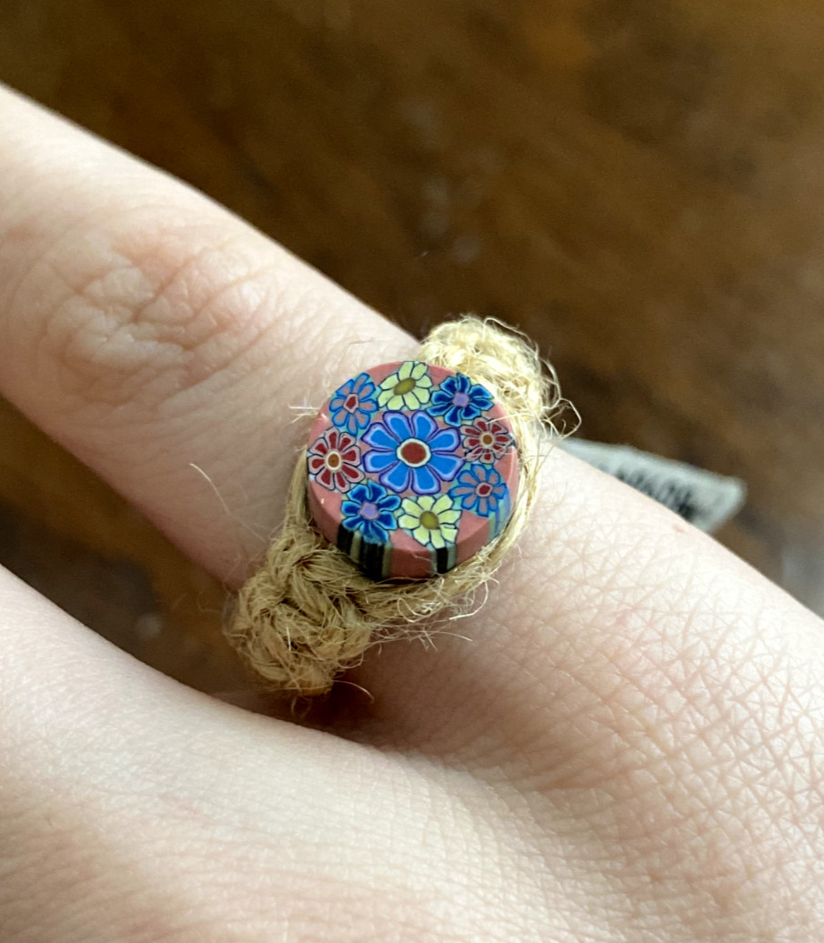 Vintage 1990s NEW Hemp Twine Psychedelic Hippy Floral Polymer Clay Ring