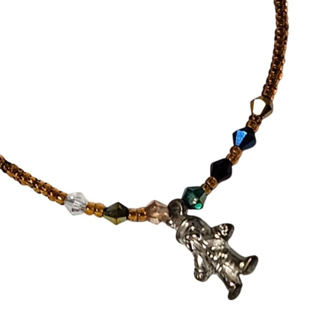 Vintage Handmade Beaded Choker Necklace Silver Toned Gnome Leprechaun Charm
