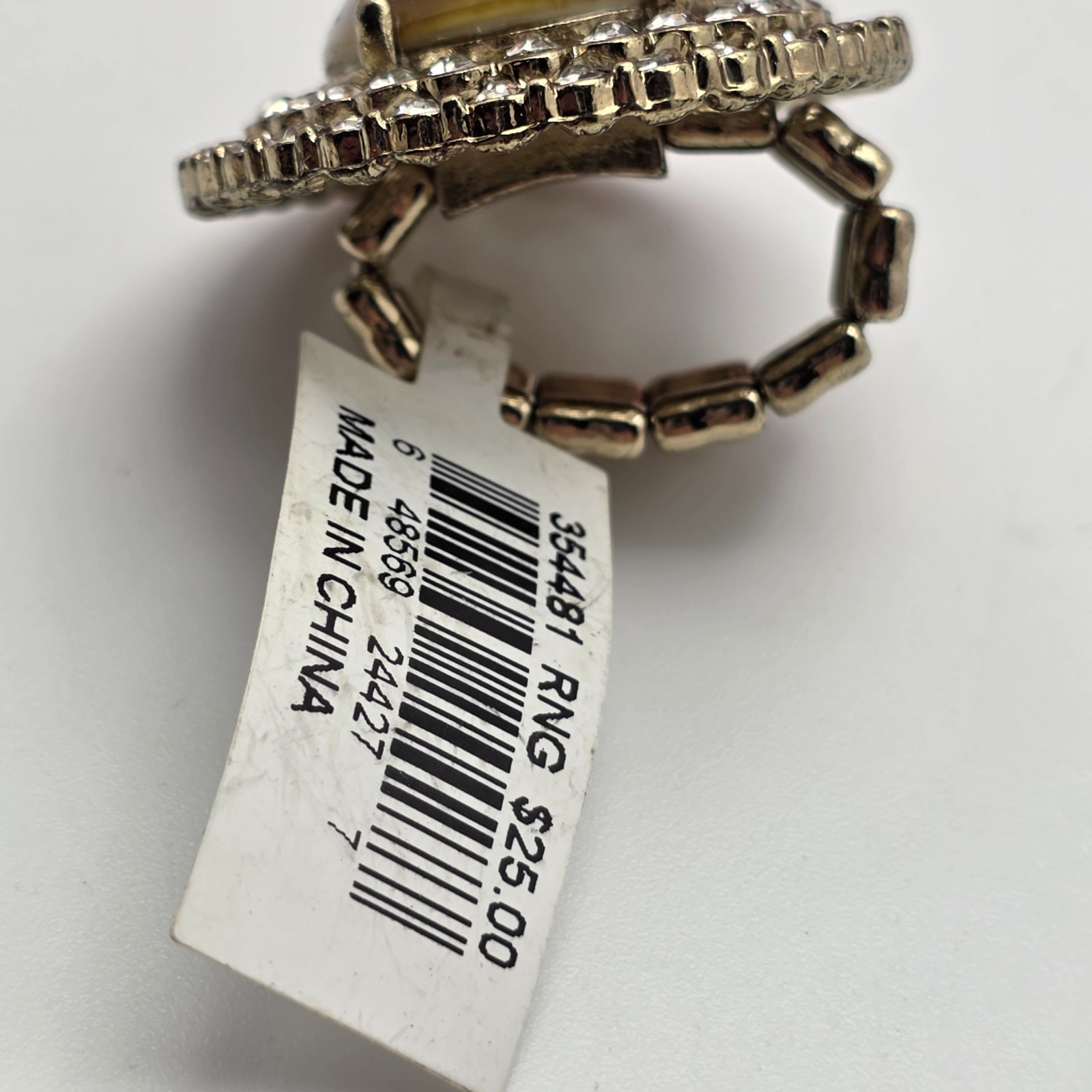 Vintage Tigers Eye Lucite Cocktail Ring Gold Tone Crystal Halo Stretch Band OS