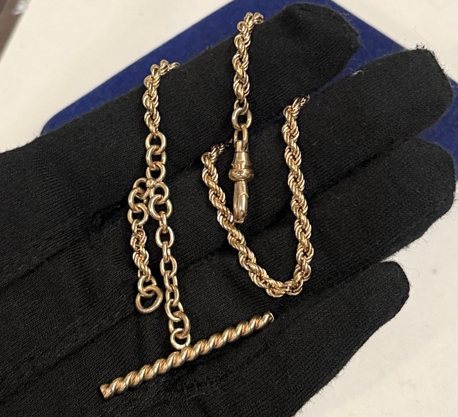 Heavy 14.2g Gold filled Watch Chain Gf 11” ROPE Chain T Bar 3.7mm victorian Fob
