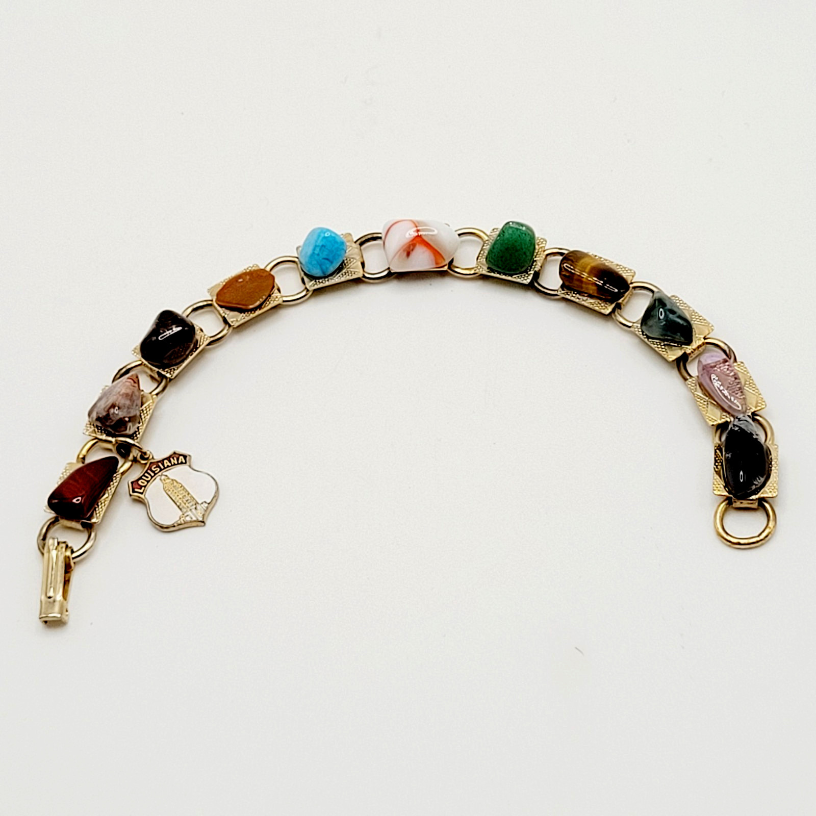Souvenir Louisiana Natures Worldwide Polished Gemstones Gold Tone Vtg Bracelet