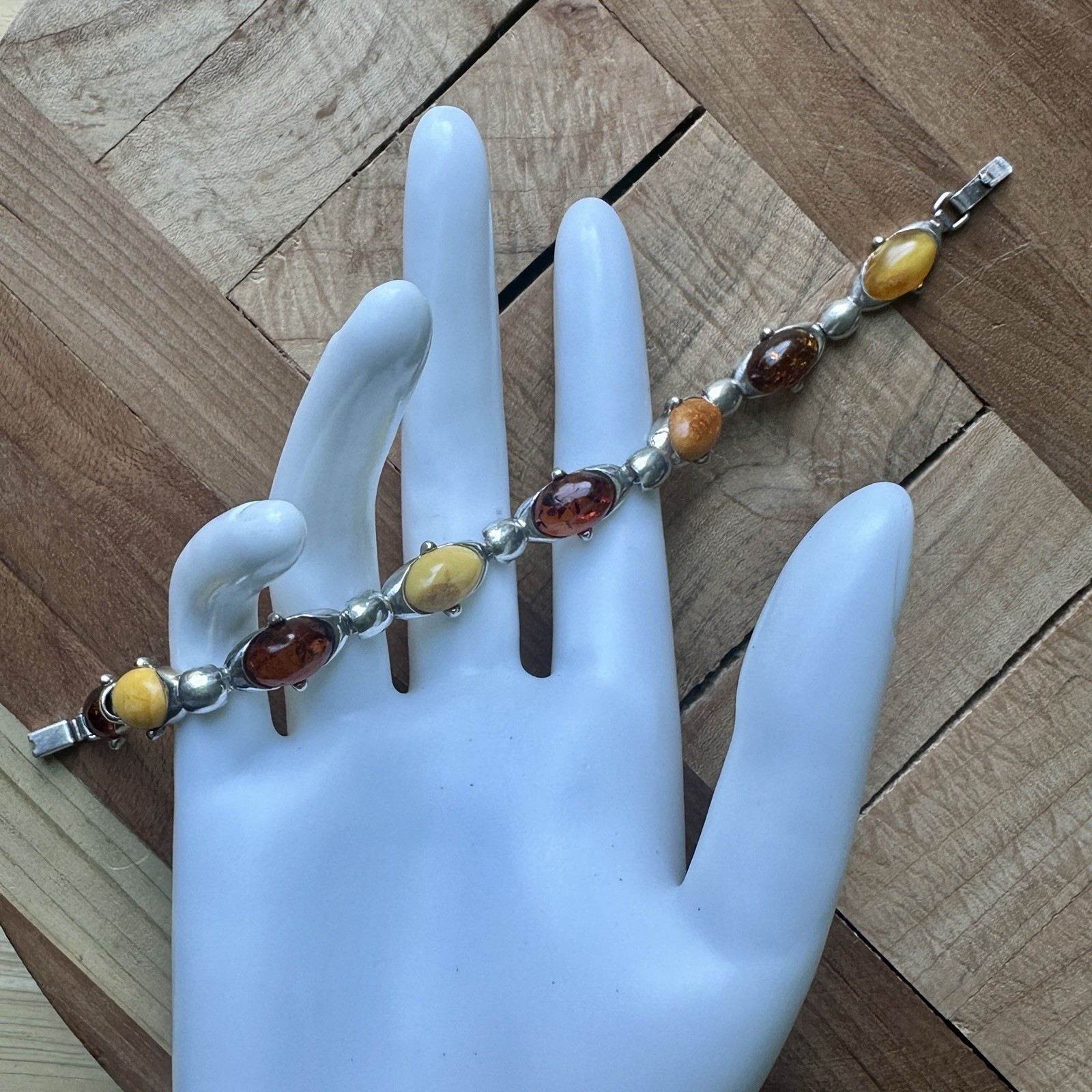 VTG Tennis Link Bracelet 7.25 inches Baltic Amber Egg Yolk 925 Sterling 14.9g