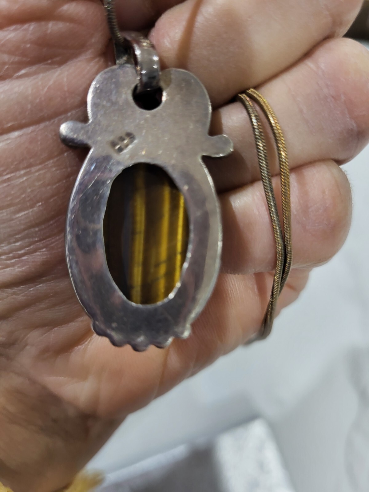 Tiger Eye Sivler Locket with chain. Very old and big Almost 2 inch. See Pict
