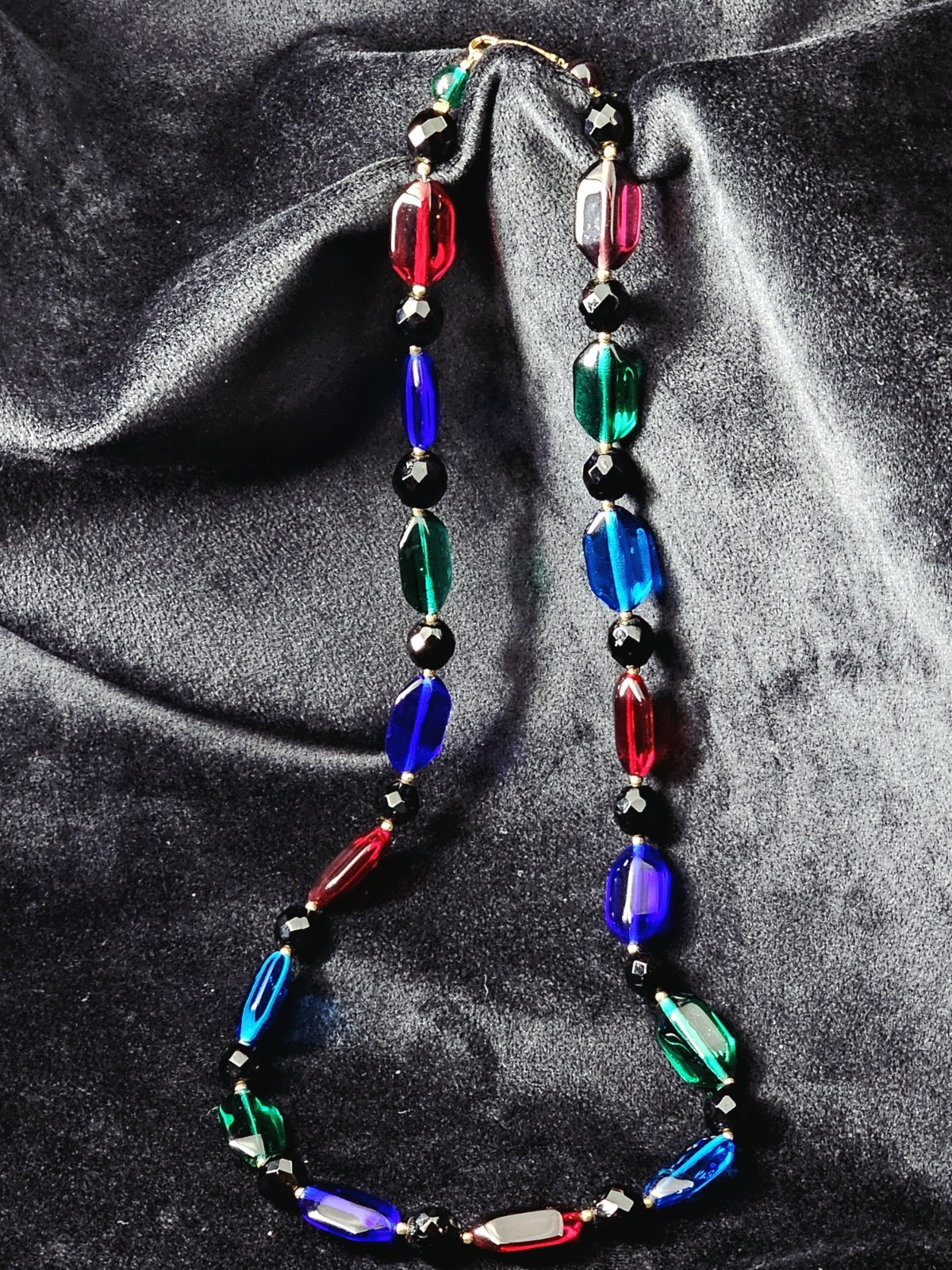 Vintage 1930s Czech Art Glass Necklace Blue & Clear Faceted Beads Handmade