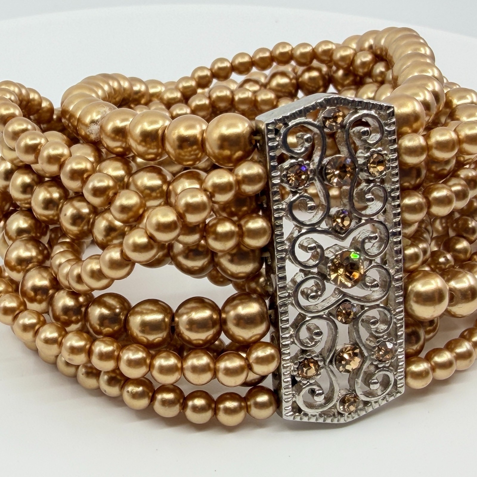 Bracelet Vintage Champagne Faux Pearl Multi Strand Silver Tone Filigree Retro