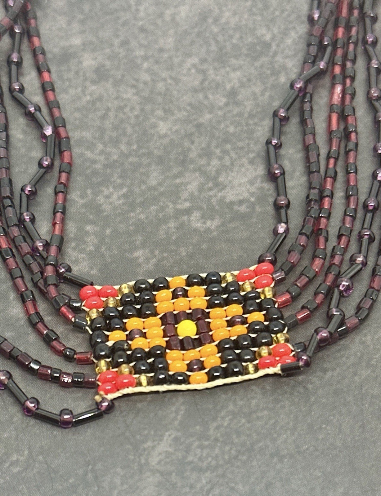 Red Black Seed Bead Necklace Multi Strand Tribal Boho Fringe Bib