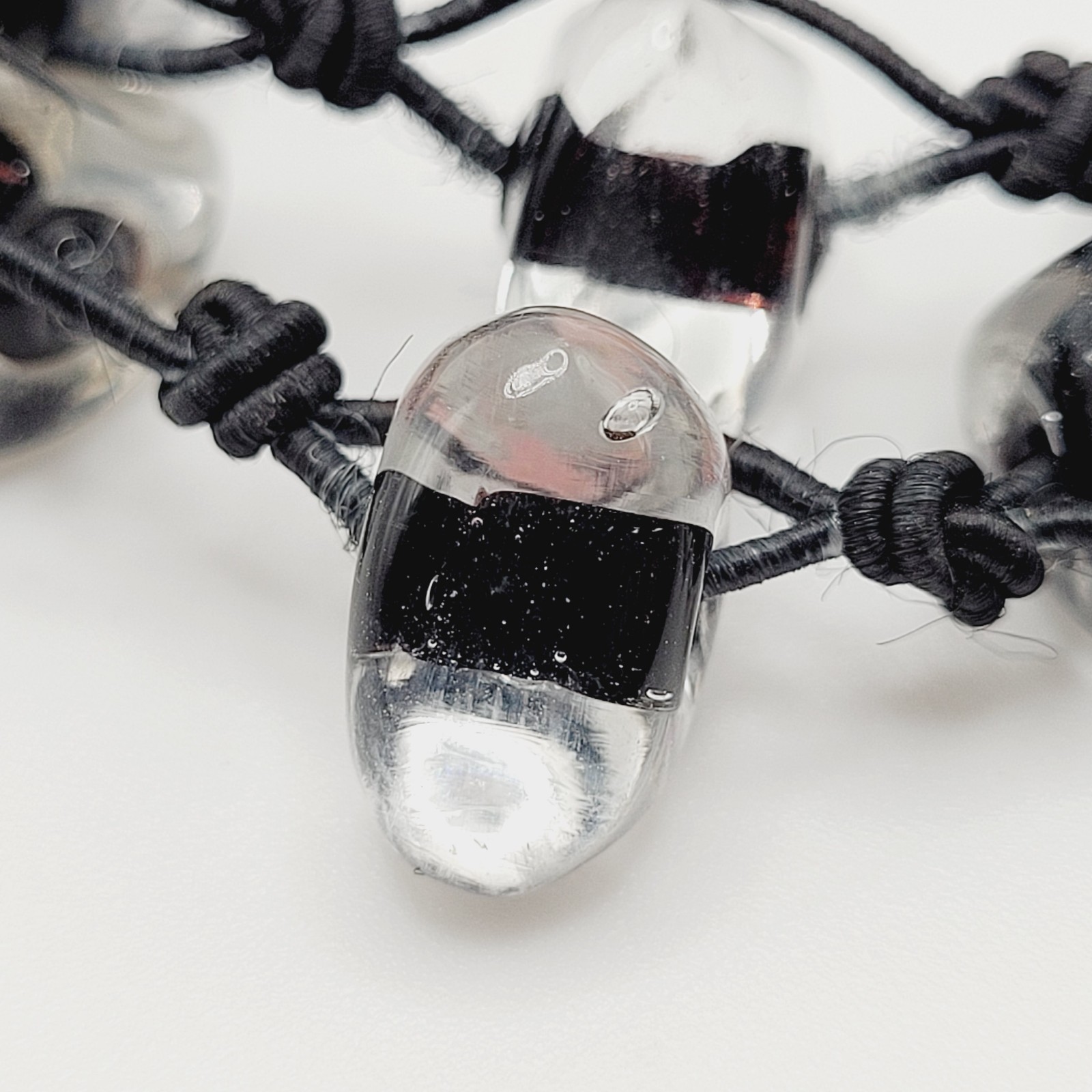 Art Glass Clear Ice Pebble Bead Hand Knot Black Thread Single Strand Necklace