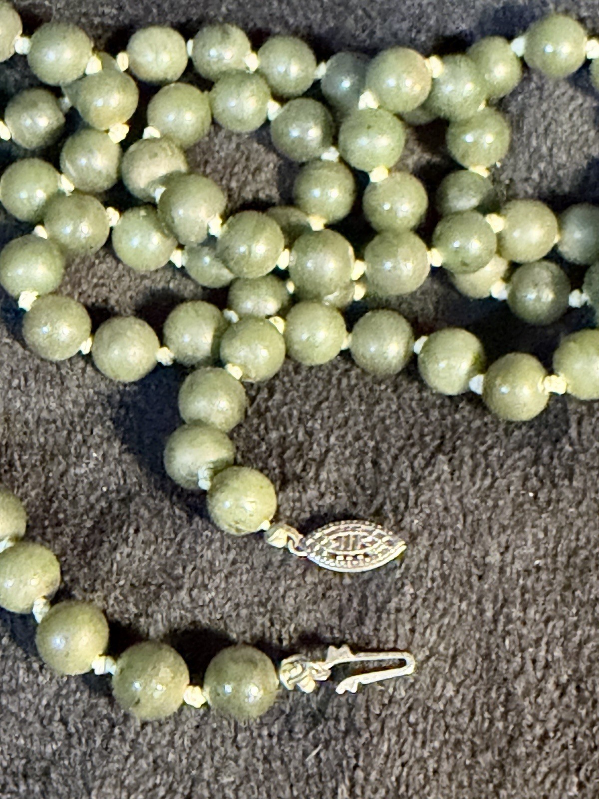 Vintage Chinese (?) Dark Green Knotted Jade Brad Necklace-38” Long