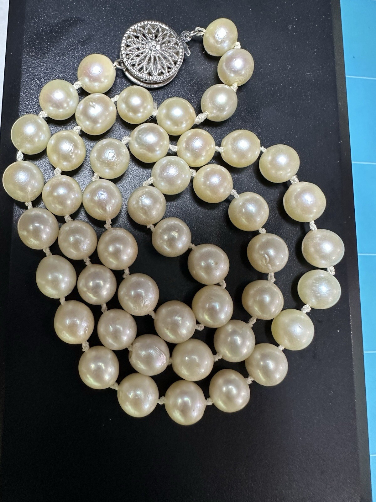 VTG Genuine Cultured 7mm Pearl Necklace W Signed 14K Gold Clasp 17.5” 27.39g