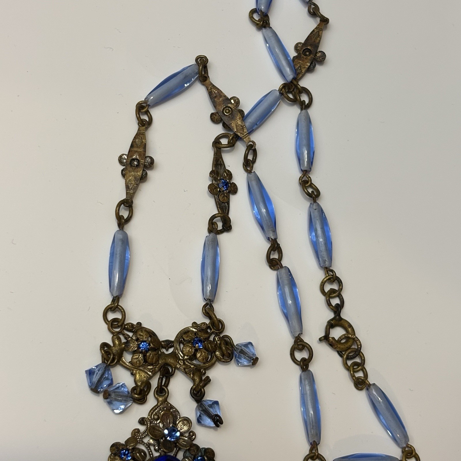 Vtg Czech Art Deco Brass Filigree Sapphire Blue Glass Fringe Festoon Necklace