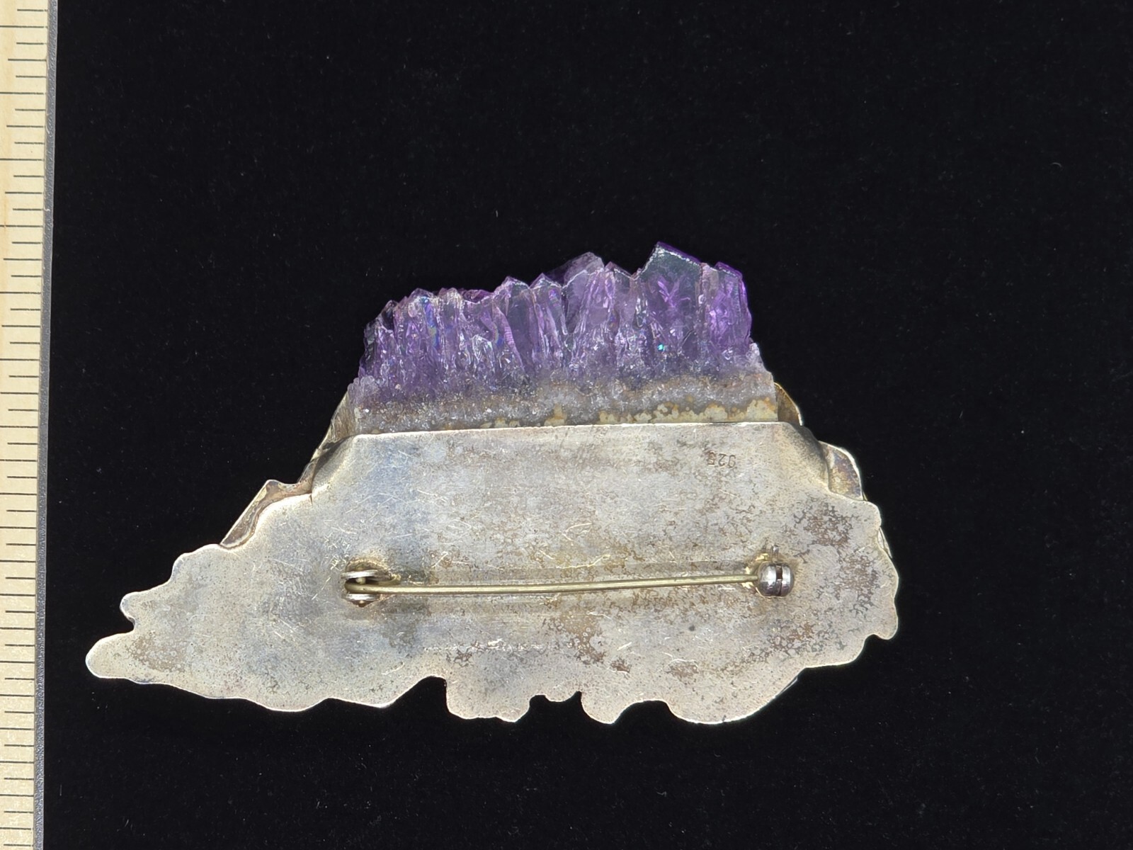 Large Vtg Artisan Sterling Silver Amethyst Geode Gemstone Brooch Pin