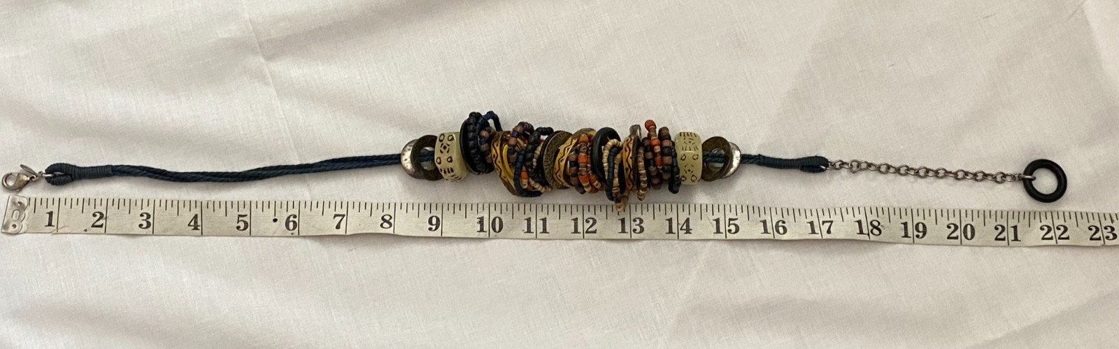 Chico’s ~ Chunky Blue Cord Wooden Resin Metal Rings Beaded Necklace Boho Tribal