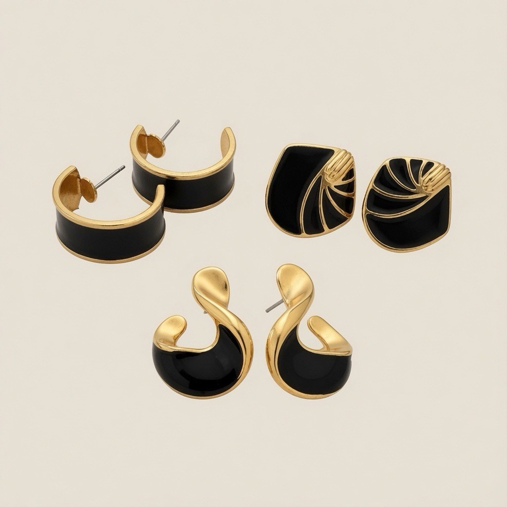 Vintage Stud Earrings In Gold & Black Enamel Elegant Casual 4 Work & Nights Out