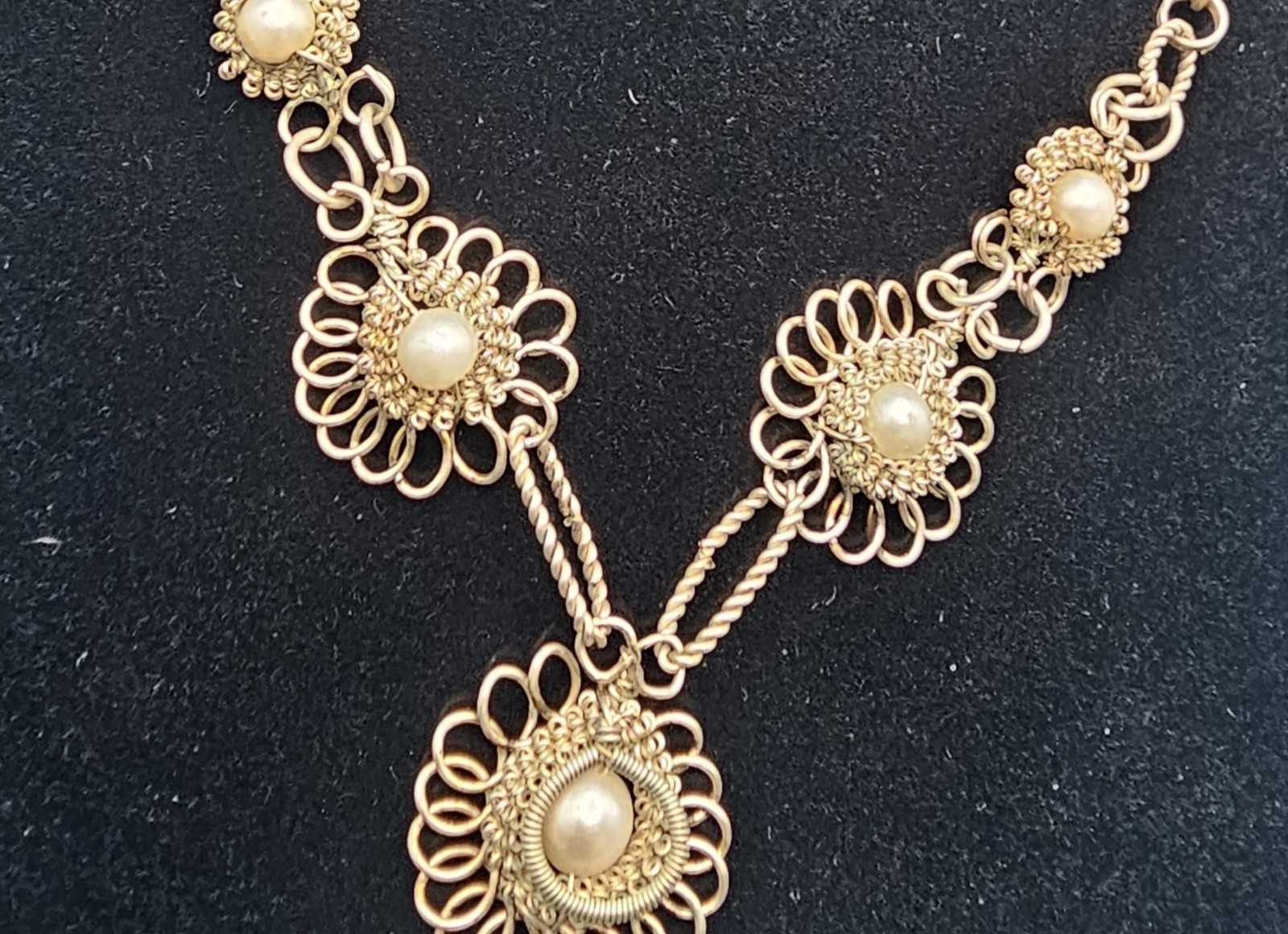 Vintage Cannetille Spun Wire Necklace Lot 2 Faux Pearl Rhinestone Original Clasp