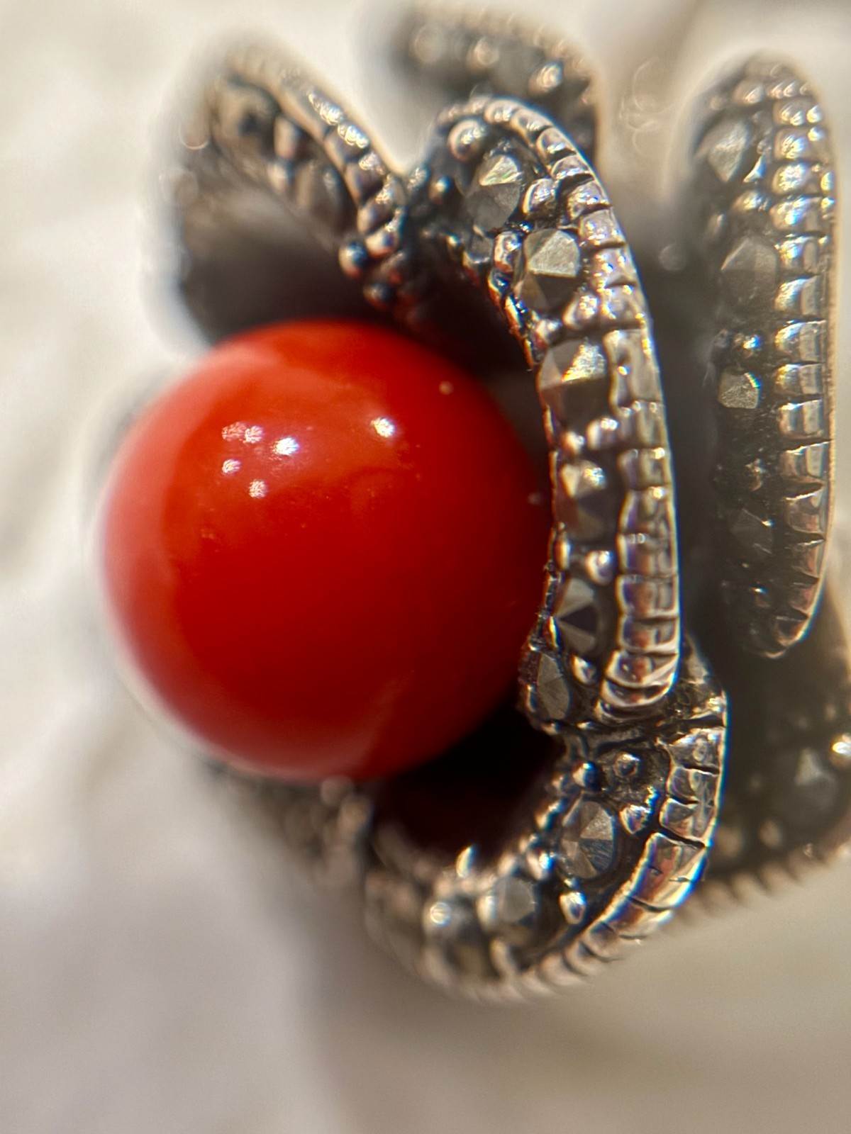 VTG Flower Ring Size 8 Sterling Silver Rose Red Coral Marcasite Gem Cocktail