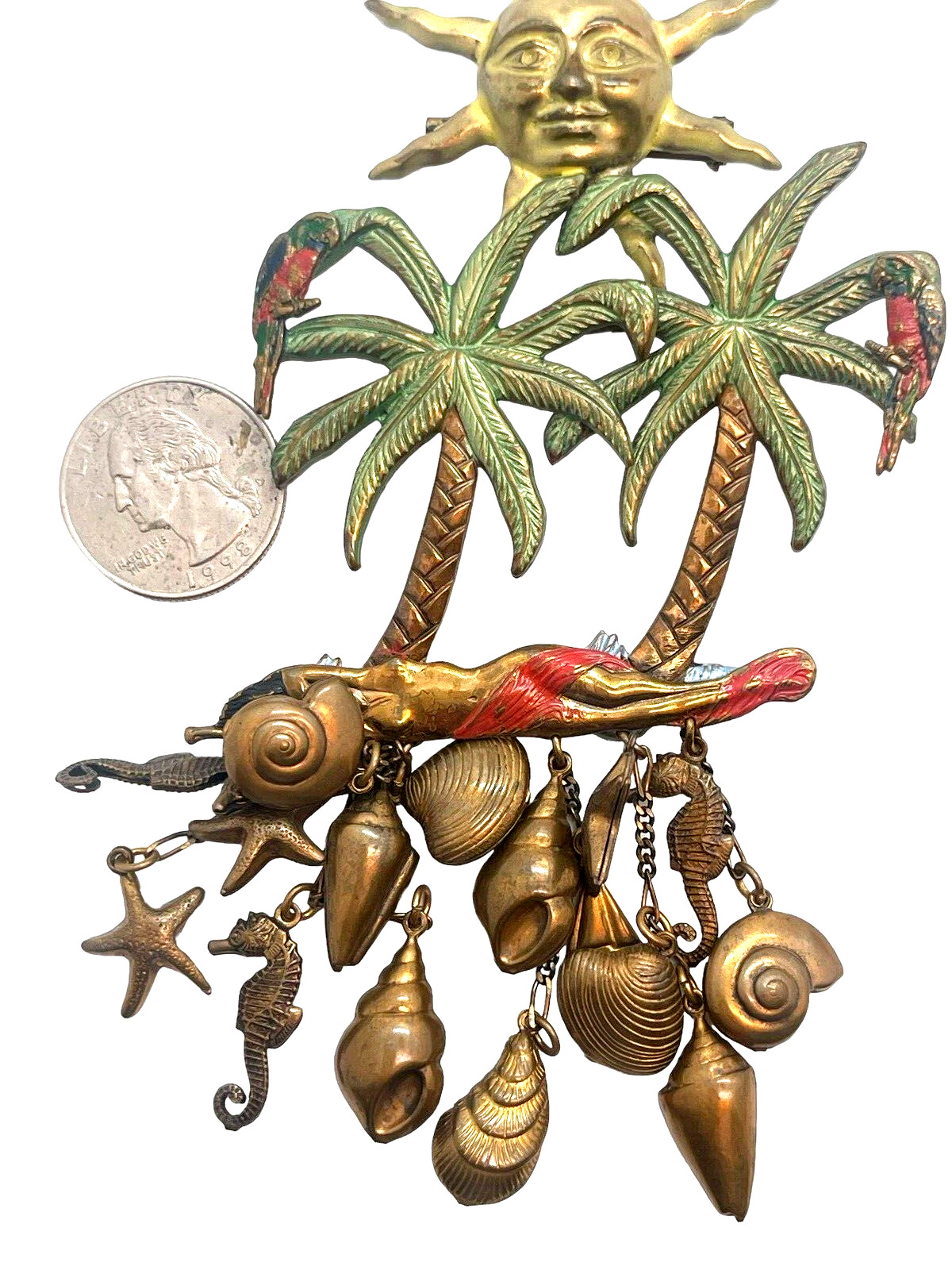 Huge Vintage Figural Palm Trees, Nude On Beach, Dangling Shells, Starfish Brooch