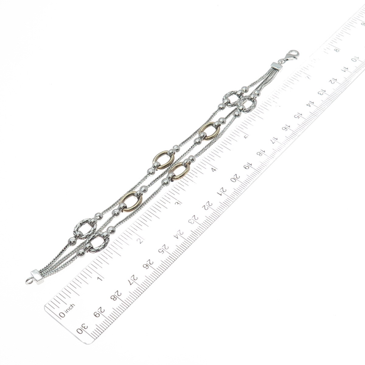 925 Sterling Silver 2-Tone Vintage Oval Station Wheat Link 3-Strand Bracelet 7″