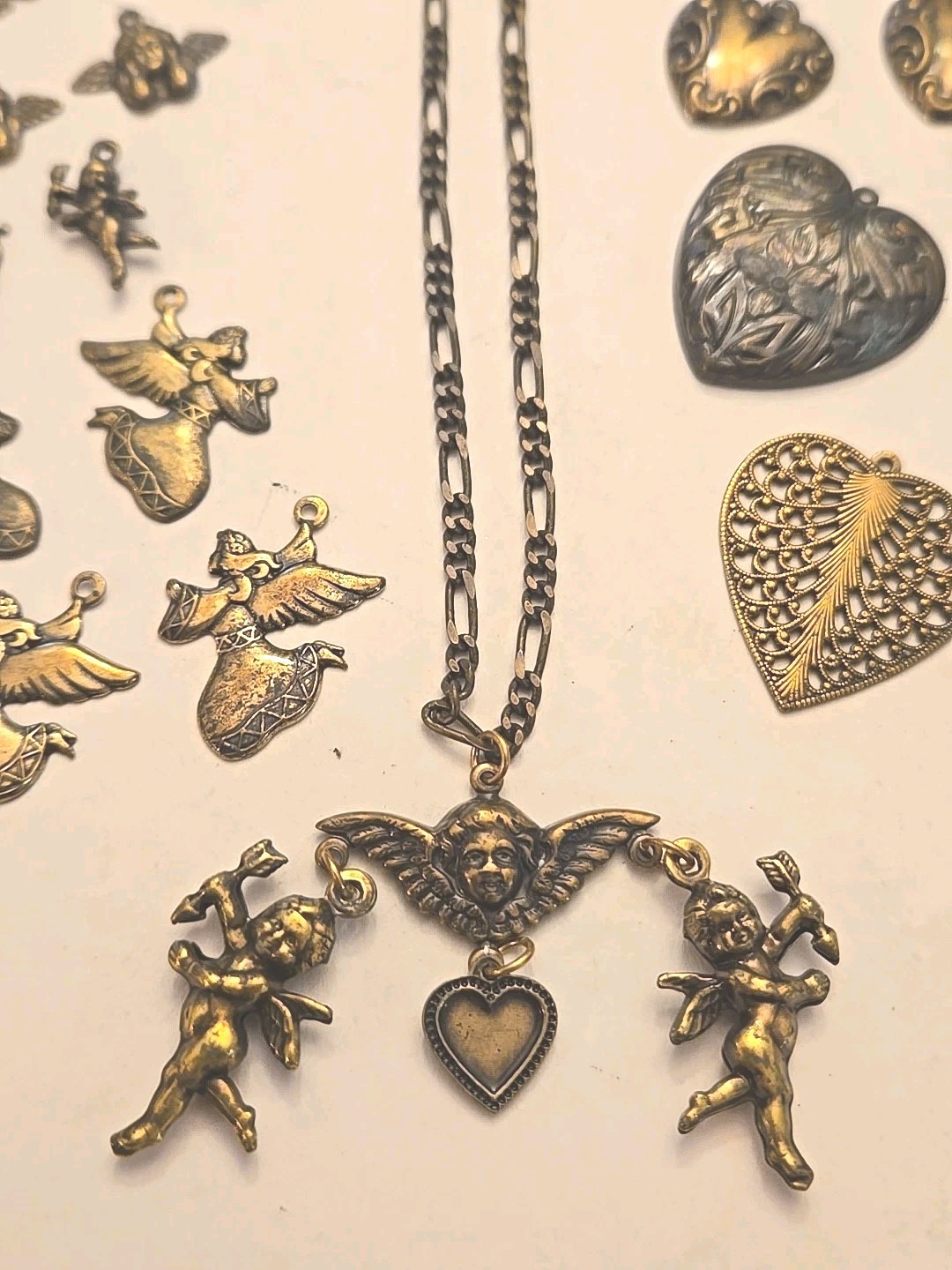 Vintage Cherub Heart Charm Lot Statement Necklace Victorian Revival Romantic