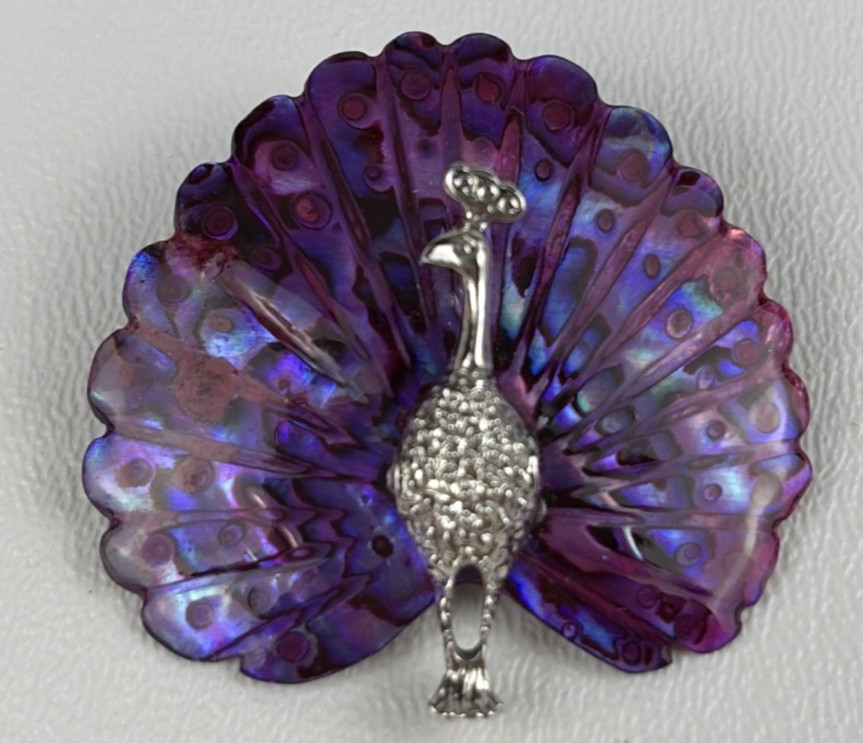 Vintage Purple Carved Paua Abalone Shell Peacock Pin Brooch Silver Tone Bird BOX