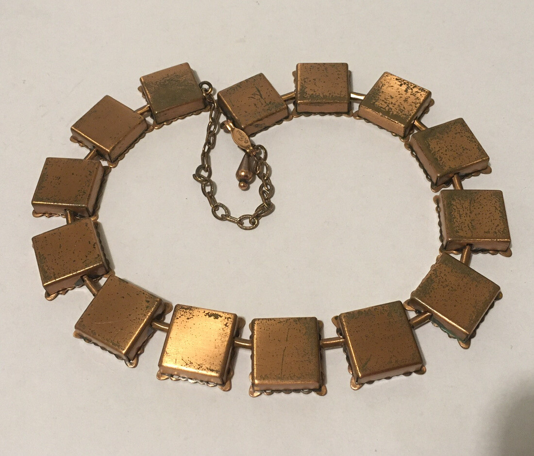 VTG signed Renoir/ Matisse Set Necklace & Earrings Bronze Black Enamel 17.5 in