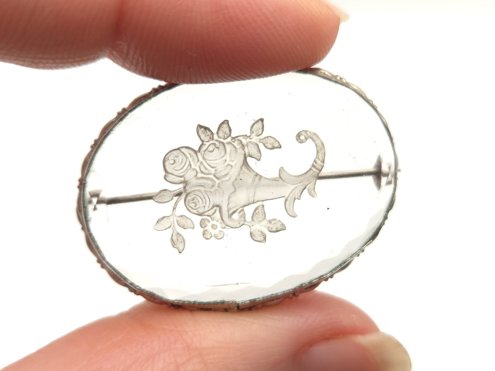 Vintage Reverse Carved Intaglio Glass Rose Flower Bouquet Basket Brooch Pin
