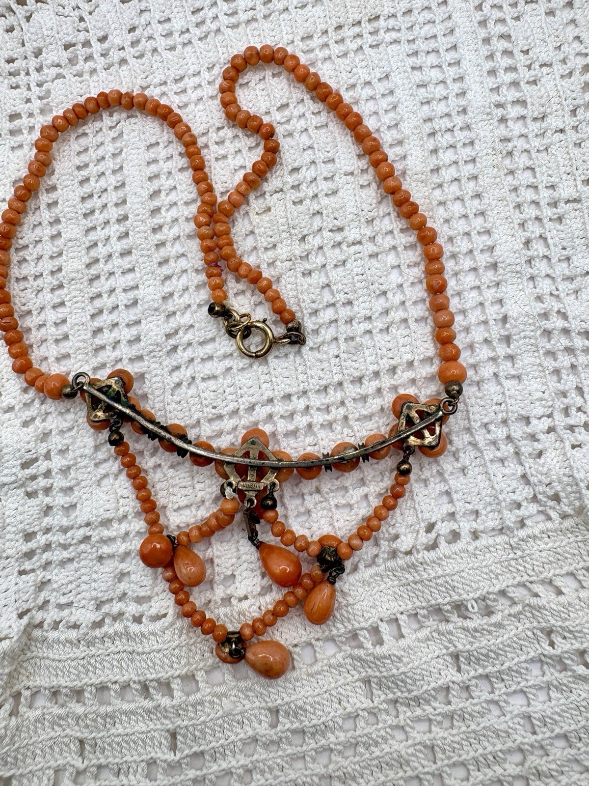 Antique Sterling Natural Mediterranean Salmon Coral Festoon Dangle Necklace 16”