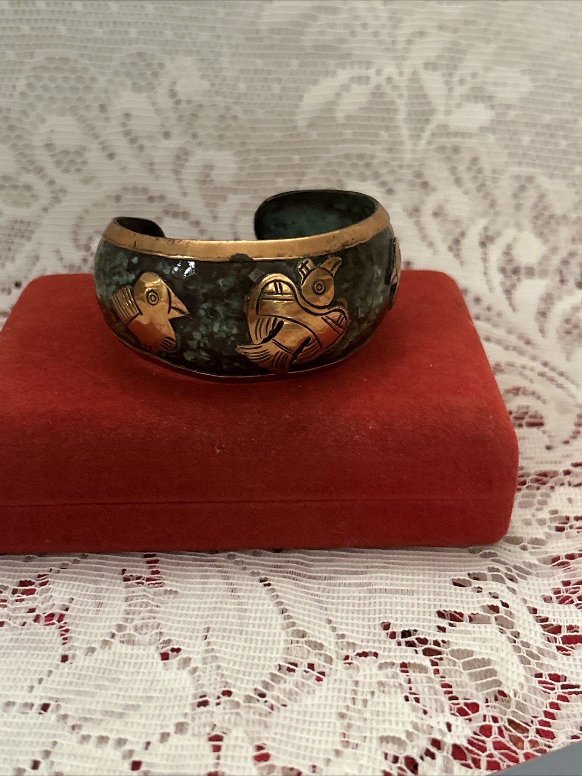 Vintage Copper & Enamel Story Cuff Bracelet With Birds~Safety Clasp