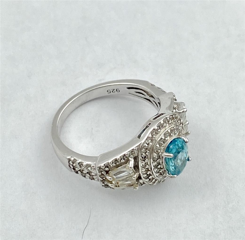 STS 925 Sterling Silver Blue Topaz Clear Baguettes & Diamond Accents Ring Sz.6